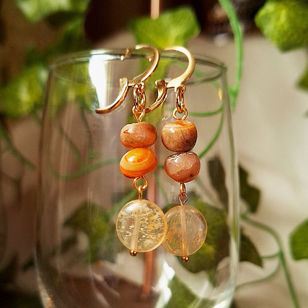 Banded Agate Stone & Honey Glass Dangle Earrings, 24k Gold Plated Stainless